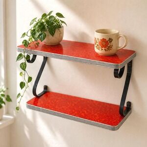 Vintage Red Cracked Ice Formica Wall Shelf Mid Century Retro 2 Tier 16in